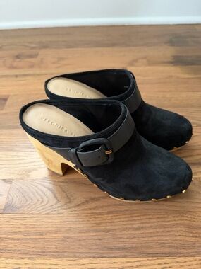 Veronica Beard Black Suede Clog Mules with Wood Heel and Buckle sz 9